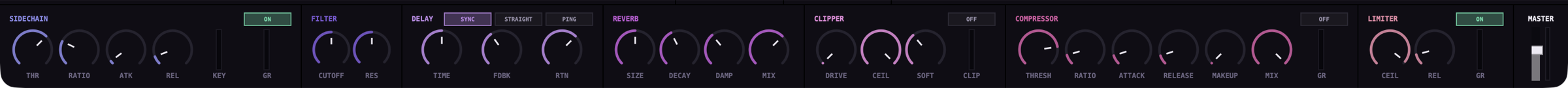 The master effects bar: seven devices left to right, sidechain then filter, delay, reverb, clipper, compressor and limiter, their knobs coloured on a ramp that warms from iris to rose across the chain.