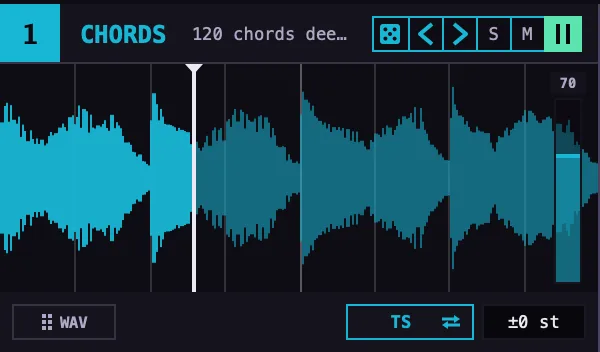 Looper 1, CHORDS: the transport strip, the loop's waveform with the playhead, a volume fader at 70, a WAV handle, a TS button and a semitones field reading plus or minus 0.