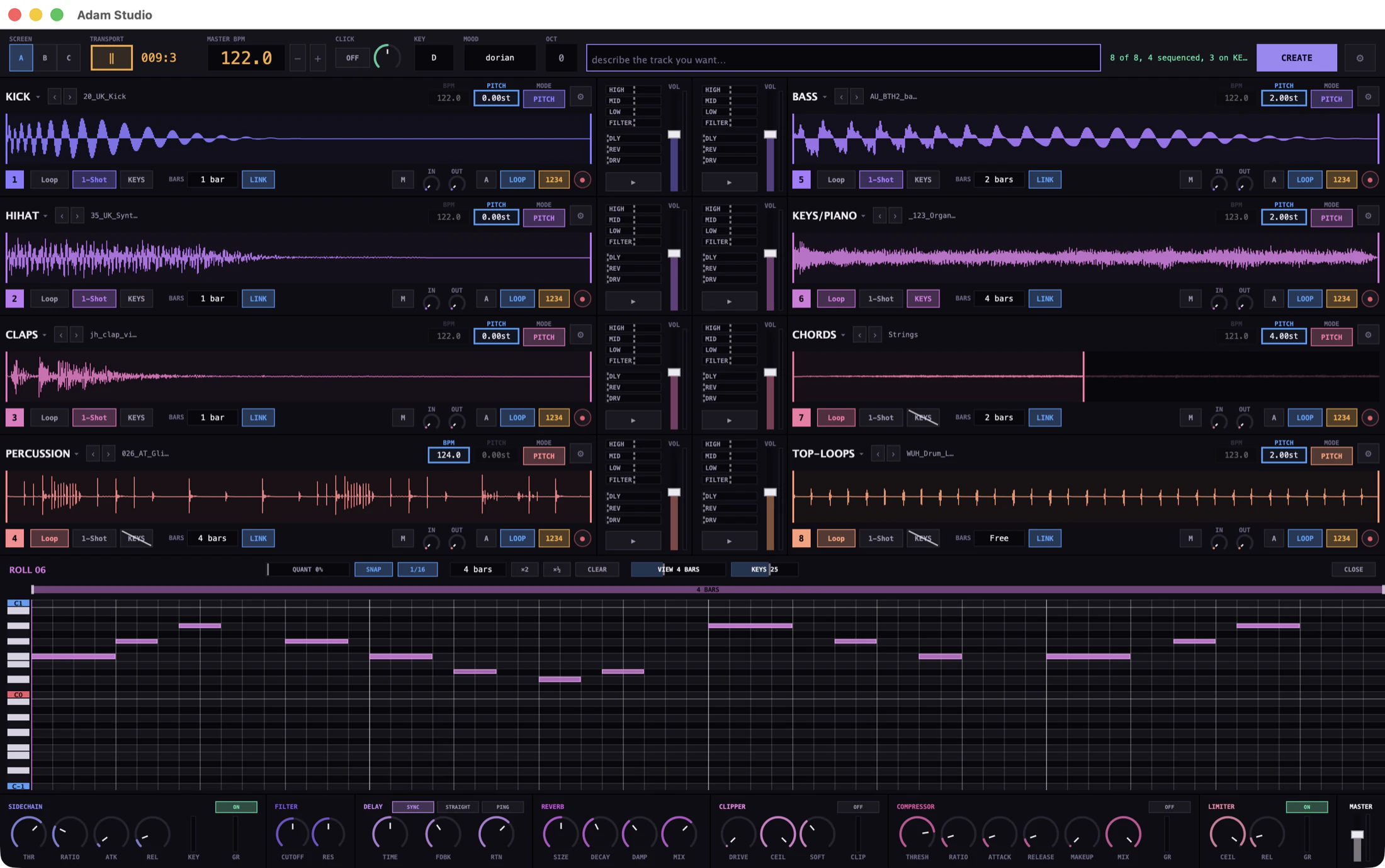The Adam Studio window: eight instrument strips in two mirrored columns each showing a coloured waveform, a master bar across the top with the prompt field and CREATE button, an open piano roll holding a written melody, and a seven-device master effects chain along the bottom.