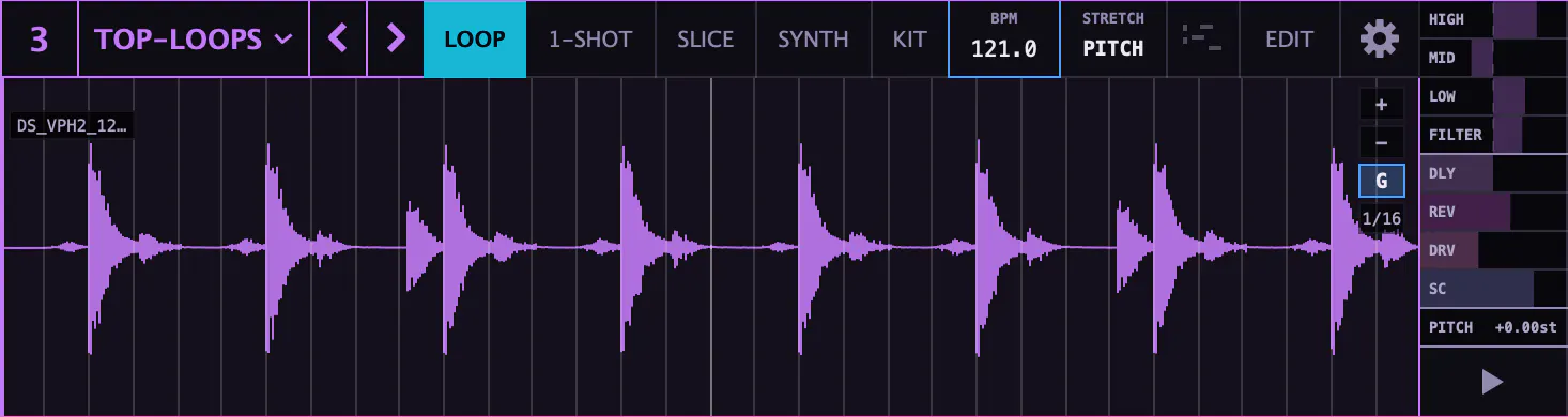 A LOOP player, TOP-LOOPS, playing a drum loop, with its channel beside it: HIGH, MID, LOW and FILTER, then DLY, REV, DRV and SC, and PITCH.