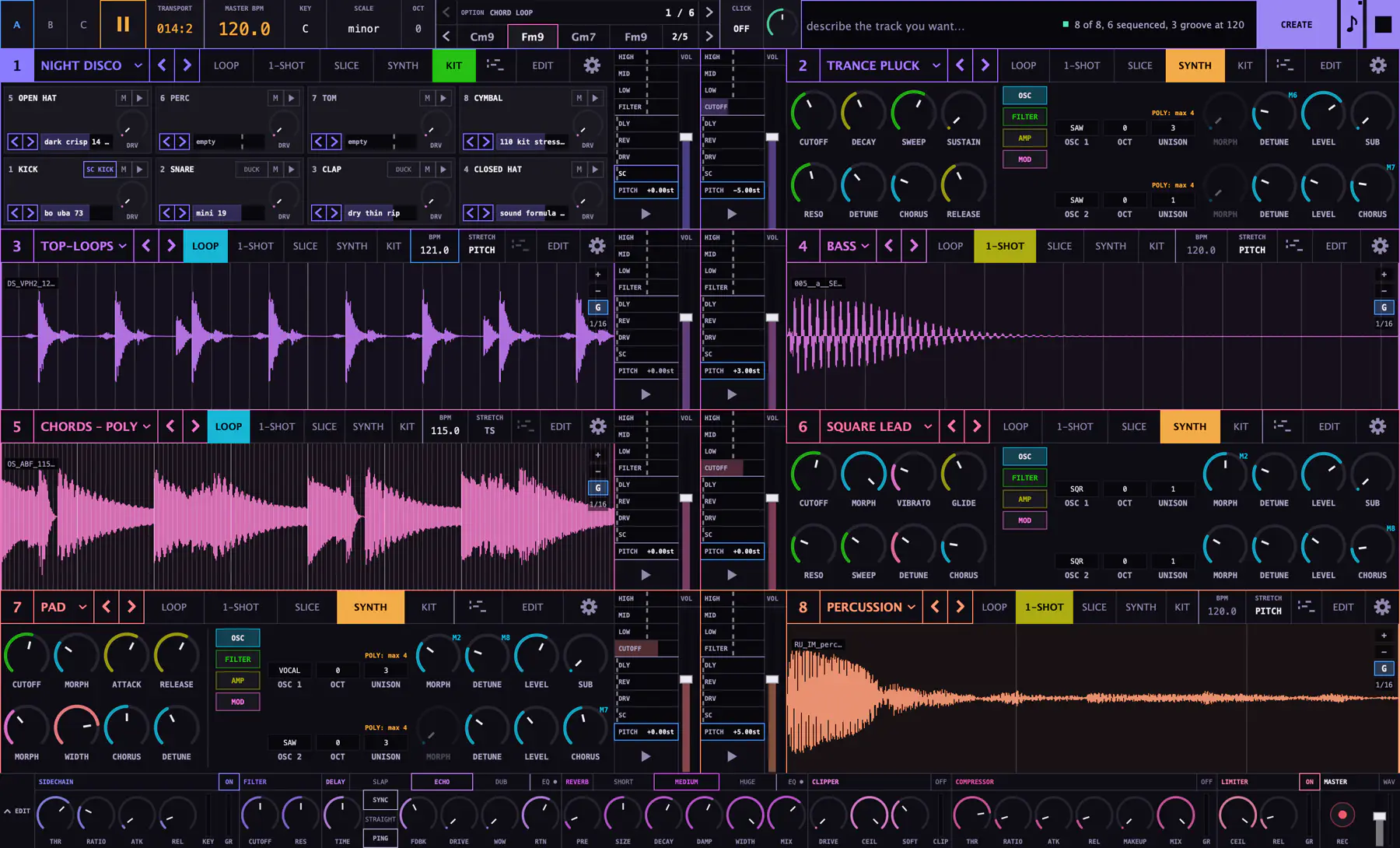 Adam Studio after one CREATE: eight players, a drum kit, two synths, loops and one-shots, each with its own channel, and the master chain along the bottom