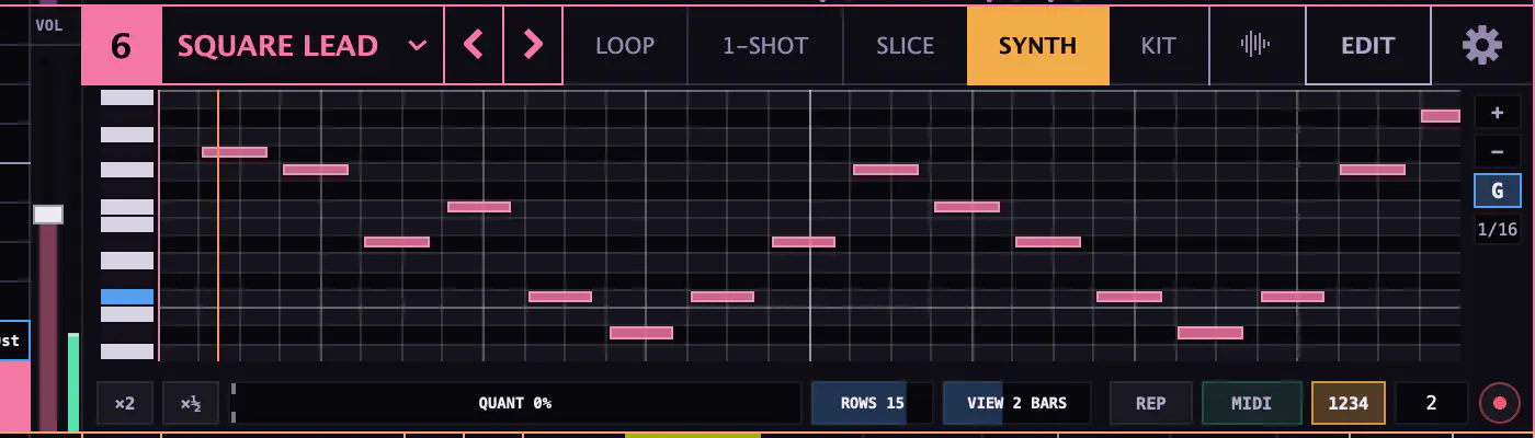 A synth player with a MIDI take just recorded: the piano roll full of notes, and under it REP, MIDI, the 1234 count-in, 2 bars and the record button.